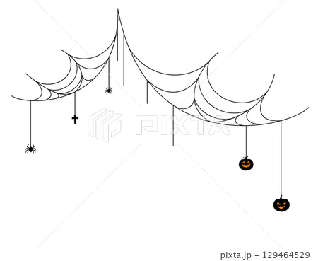 Halloween border with silhouettes of spiderweb and hanging pumpkin. Halloween border with silhouettes of spiderweb and hanging pumpkin. 129464529