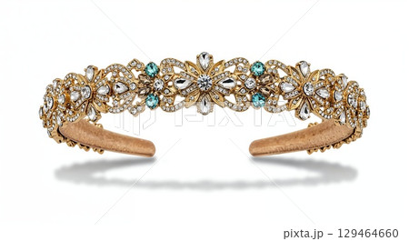 Jeweled headband isolated on white background, ornate accessory, front view, intricate jewels 129464660