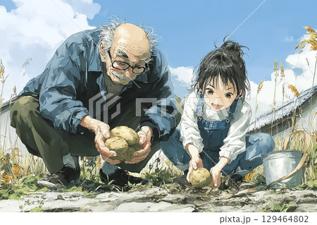 秋の畑でおじいちゃんと孫がイモ掘りを楽しむ|家族の温かい収穫体験 秋の畑でおじいちゃんと孫がイモ掘りを楽しむ|家族の温かい収穫体験 129464802