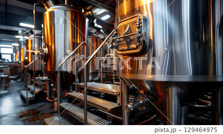 Modern stainless steel fermentation tanks in craft beer brewery production line Modern stainless steel fermentation tanks in craft beer brewery production line 129464975