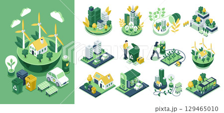Modern Architecture with Green and Clean Energy Original Isometric Element Collection 129465010