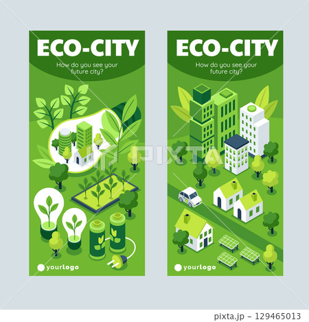 Smart City with Renewable Energy and Infrastructure Isometric Vertical Banner Collection 129465013