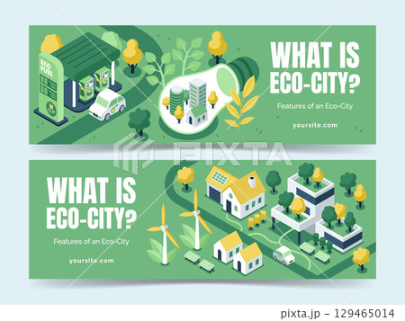 Isometric Sustainable Urban Life with Modern Technology Horizontal Banner Set 129465014