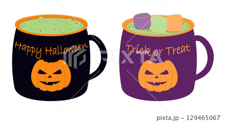 Black and Purple Halloween Cups with Happy Halloween and Trick or Treat Letters with Witch Potion in Black and Purple Halloween Cups with Happy Halloween and Trick or Treat Letters with Witch Potion in 129465067