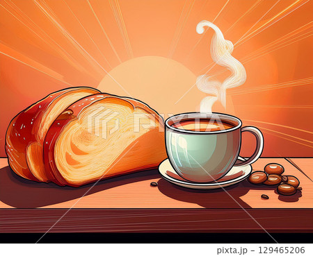 キャンプで食べるパンと淹れたてのコーヒー キャンプで食べるパンと淹れたてのコーヒー 129465206