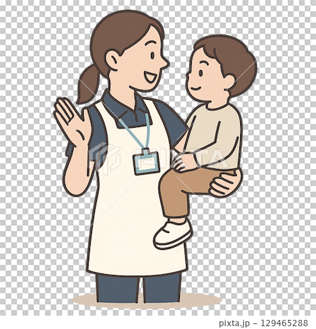 子どもを抱っこしながら笑顔で話す保育士 129465288
