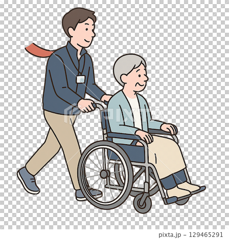 A support worker pushing a wheelchair out 129465291