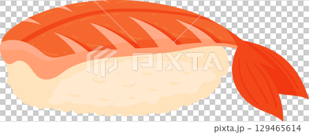 Cartoon shrimp sushi. Japanese cuisine, traditional food icon isolated on white background Cartoon shrimp sushi. Japanese cuisine, traditional food icon isolated on white background 129465614