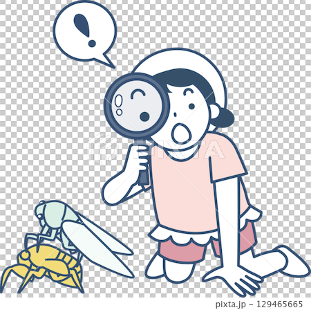 一個女孩用放大鏡觀察蟬的羽化 一個女孩用放大鏡觀察蟬的羽化 129465665