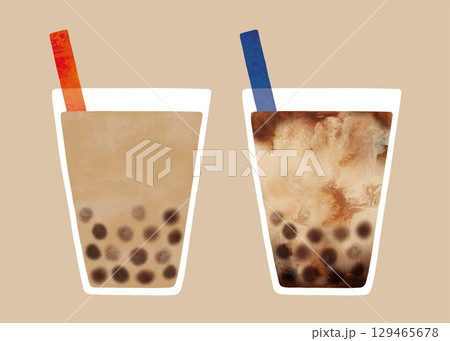 タピオカミルクティーとタピオカ黒糖ミルク水彩画 129465678