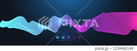 Music abstract background. Music wave poster design. Sound flyer with abstract gradient line waves, vector concept 129466140