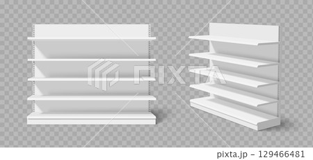 Empty white store shelves with metal brackets 129466481