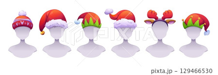 Christmas elf hats collection on mannequin heads 129466530