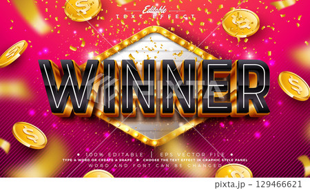 Winner 3D Text Effect Design Editable and Scalable Vector Graphic Style Effect with Shadow and Gold Black Typography Lettering, Casino Coin and Falling Confetti on Shiny Red Background. Premium Luxury Winner 3D Text Effect Design Editable and Scalable Vector Graphic Style Effect with Shadow and Gold Black Typography Lettering, Casino Coin and Falling Confetti on Shiny Red Background. Premium Luxury 129466621