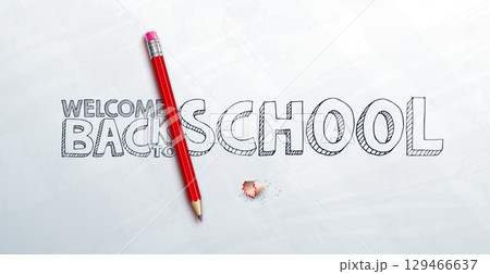 Welcome Back to School Design with Graphite Pencil and Hand Drawn Typography Lettering on White Background. Vector Education, Learning and Knowledge Illustration with Hand Drawn Doodles for Greeting Welcome Back to School Design with Graphite Pencil and Hand Drawn Typography Lettering on White Background. Vector Education, Learning and Knowledge Illustration with Hand Drawn Doodles for Greeting 129466637