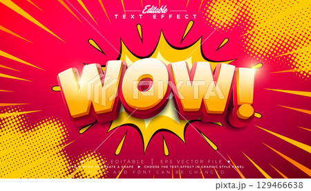 Comic Wow Editable Text Effect Design Illustrator Graphic Style with Customizable Colorful 3d Cartoon Font on Retro Background. Vector Premium Typography Lettering Illustration Template for Greeting 129466638