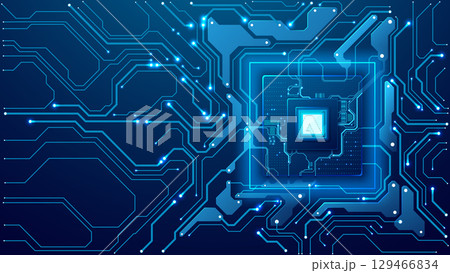Futuristic AI chip on a circuit board on a technology background. Futuristic AI chip on a circuit board on a technology background. 129466834