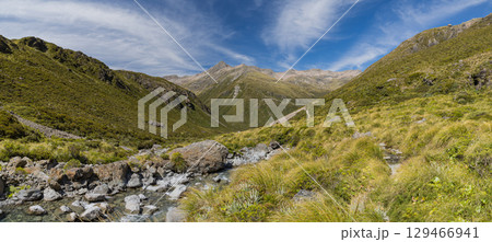 ニュージーランド　アーサーズ・パス国立公園のオティラ・バレー・トラックから見えるテンプル山 129466941