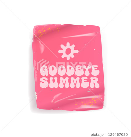 Goodbye summer pink groovy aesthetic sticker design isolated on white. Bye bye summer motto sticker, tag, retro label, banner, ribbon, label png with quote. Positiv and motivational 1970s style quote 129467020