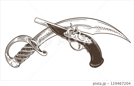 Sabre with curved blade and flintlock pistol. Pirate weapons. Vector sketch of broadsword and firearms of Corsair. Imitation of old engraving. 129467204