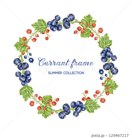 Watercolor berry wreath with currants and leaves. Round frame with ripe black currants and red currants. Botanical holiday decor for book covers, posters, invitations, and postcards. 129467217