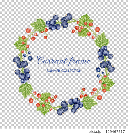 Watercolor berry wreath with currants and leaves. Round frame with ripe black currants and red currants. Botanical holiday decor for book covers, posters, invitations, and postcards. 129467217