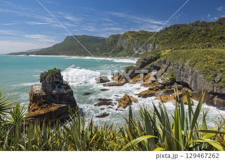 ニュージーランド ウェスト・コーストのプナカイキにあるパンケーキ・ロックスの風景 ニュージーランド ウェスト・コーストのプナカイキにあるパンケーキ・ロックスの風景 129467262