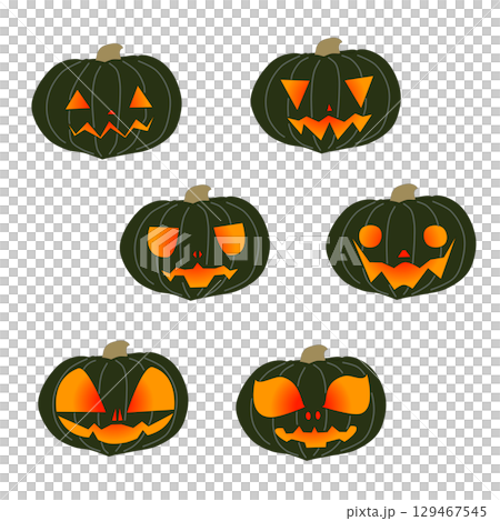 セイヨウカボチャ(栗南瓜)のジャック・オー・ランタンのイラスト6パターン セイヨウカボチャ(栗南瓜)のジャック・オー・ランタンのイラスト6パターン 129467545