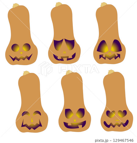 バターナッツカボチャのジャック・オー・ランタンのイラスト6パターン バターナッツカボチャのジャック・オー・ランタンのイラスト6パターン 129467546