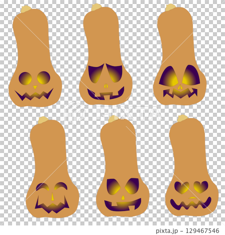 バターナッツカボチャのジャック・オー・ランタンのイラスト6パターン バターナッツカボチャのジャック・オー・ランタンのイラスト6パターン 129467546