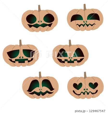 ニホンカボチャ(白皮砂糖南瓜)のジャック・オー・ランタンのイラスト6パターン ニホンカボチャ(白皮砂糖南瓜)のジャック・オー・ランタンのイラスト6パターン 129467547