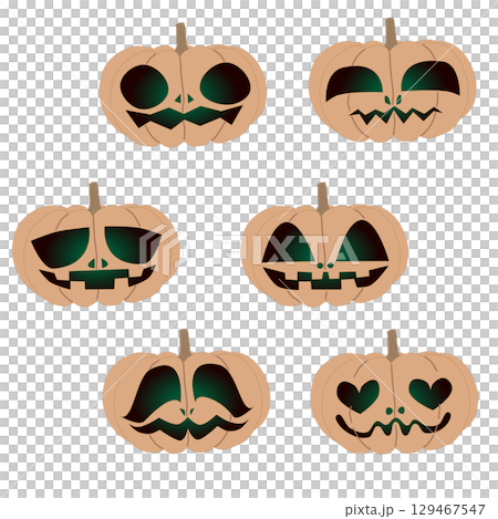 ニホンカボチャ(白皮砂糖南瓜)のジャック・オー・ランタンのイラスト6パターン ニホンカボチャ(白皮砂糖南瓜)のジャック・オー・ランタンのイラスト6パターン 129467547