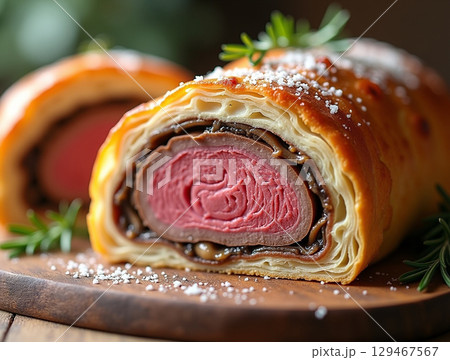 Delicious Classic Beef Wellington Culinary Masterpiece Close up Food Photography 129467567