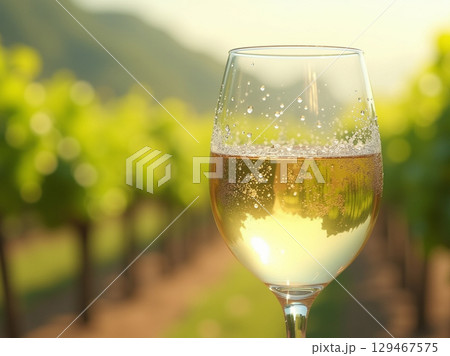 Refreshing Golden Wine with Vineyard Backdrop for Elegant Beverage Concept Refreshing Golden Wine with Vineyard Backdrop for Elegant Beverage Concept 129467575