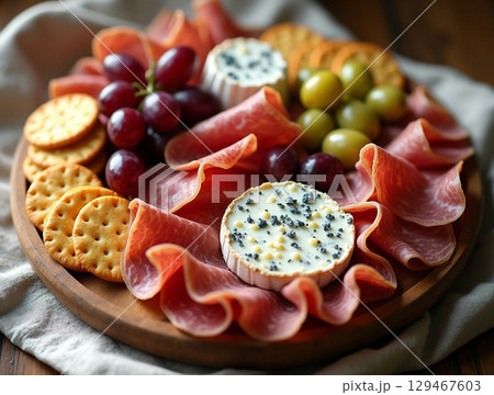 Elegant Close Up of Charcuterie Board with Gourmet Ingredients 129467603