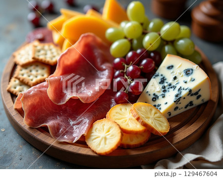 Appetizing Gourmet Charcuterie Board with Cheese, Fruit and Cured Meat Delicacies 129467604