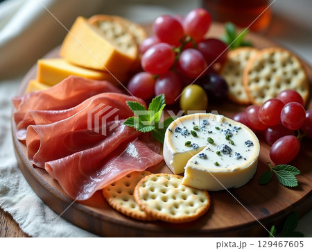 Appetizing Gourmet Cheese Board with Prosciutto, Grapes and Crackers Composition 129467605