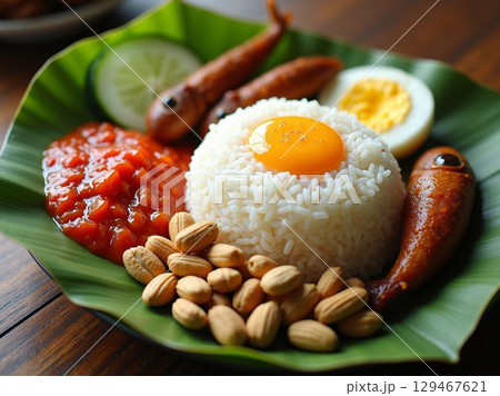 Traditional Malaysian Nasi Lemak with Sambal, Peanuts, and Fried Anchovies on a Banana Leaf 129467621