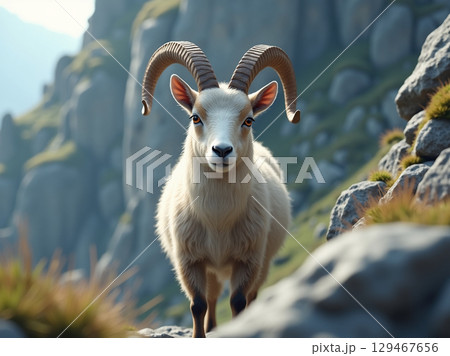 Majestic Mountain Goat with Impressive Horns on a Rocky Cliff 129467656