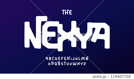 Bold experimental slab serif font, tribal robotic scifi alphabet, blocky futuristic typeface for Afro cyberpunk logo, gaming headline, tech branding, abstract unique typographic design.Vector typeset. 129467708