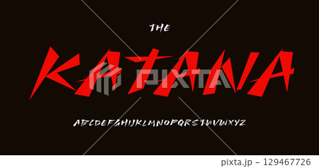Japanese handwritten alphabet, samurai script lettering, red japan font for sushi logo, samurai banner headline, comic manga typographic, dynamic asian food restaurant typography. Vector typeset. 129467726