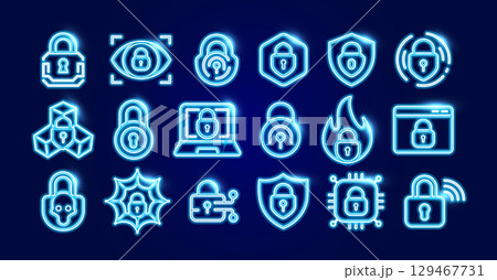 Glowing neon cybersecurity icons set showing padlocks shields browser, laptop chip virus alert. Digital protection firewall antivirus privacy. Futuristic glowing logo collection. Vector illustration Glowing neon cybersecurity icons set showing padlocks shields browser, laptop chip virus alert. Digital protection firewall antivirus privacy. Futuristic glowing logo collection. Vector illustration 129467731
