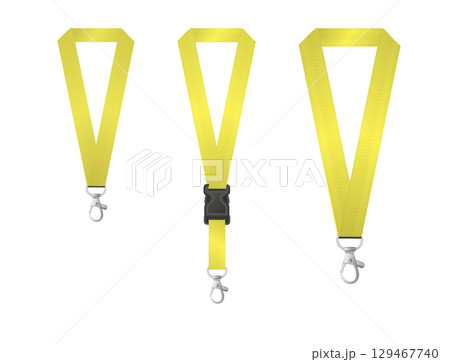 Badges Lanyard design. Identification card with ribbon. Metal closure and card with plastic. Accreditation for events congresses and companies. Vector 129467740