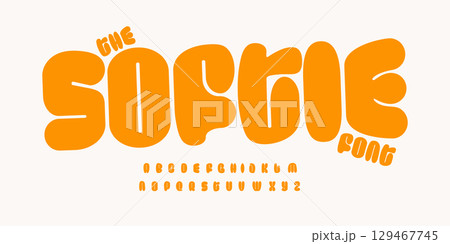 Chubby fun alphabet, softie cartoon font, bubble typeface for cafe logo, kid headline, bakery design, funny street art lettering, groovy typography. Friendly typographic design. Vector typeset 129467745