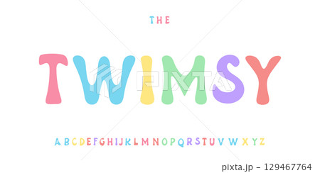 Playful pastel coloured alphabet, cute boho rounded letters, cheerful cartoon font for kids logo, school headline, children education title, joyful baby typography, colourful typeface. Vector typeset 129467764