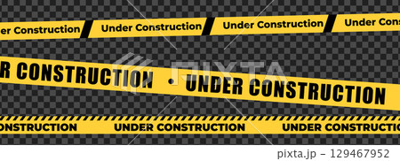 Under construction sign with yellow warning tape safety stripe. Caution barrier stripe for safety zone, blocked area, website page, road work, site maintenance, redesign progress. Vector illustration. 129467952