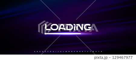 Hi-Tech Loading Typography with Sharp Letter Cuts and Purple Glowing Progress Bar, Ideal for Hacker, Data Center, Streaming Hub, Software Installer. Futuristic Angular Font. Vector Illustration 129467977