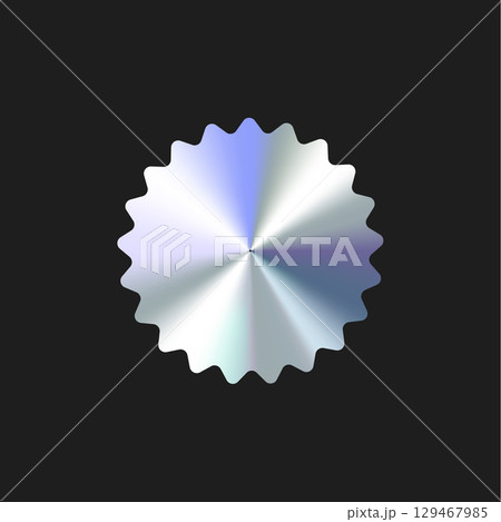 Glossy Chrome Gradient Scalloped Circle Shape Sale Tag, Premium Label, Discount Badge or Original Product Sticker. Modern Iridescent Holographic Emblem for Logo and Promo Design. Vector Illustration 129467985