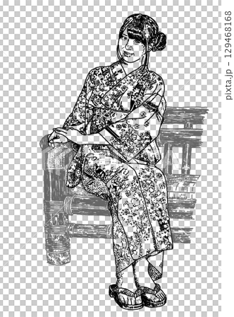 イスに座る浴衣の女性のペン画イラスト 129468168