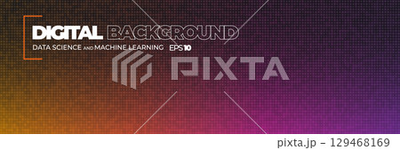 Digital data science background with glowing grid and colorful gradient. Abstract futuristic tech pattern for AI conferense, forum, projects. Glowing pixel mosaic grid texture. Vector backdrop 129468169